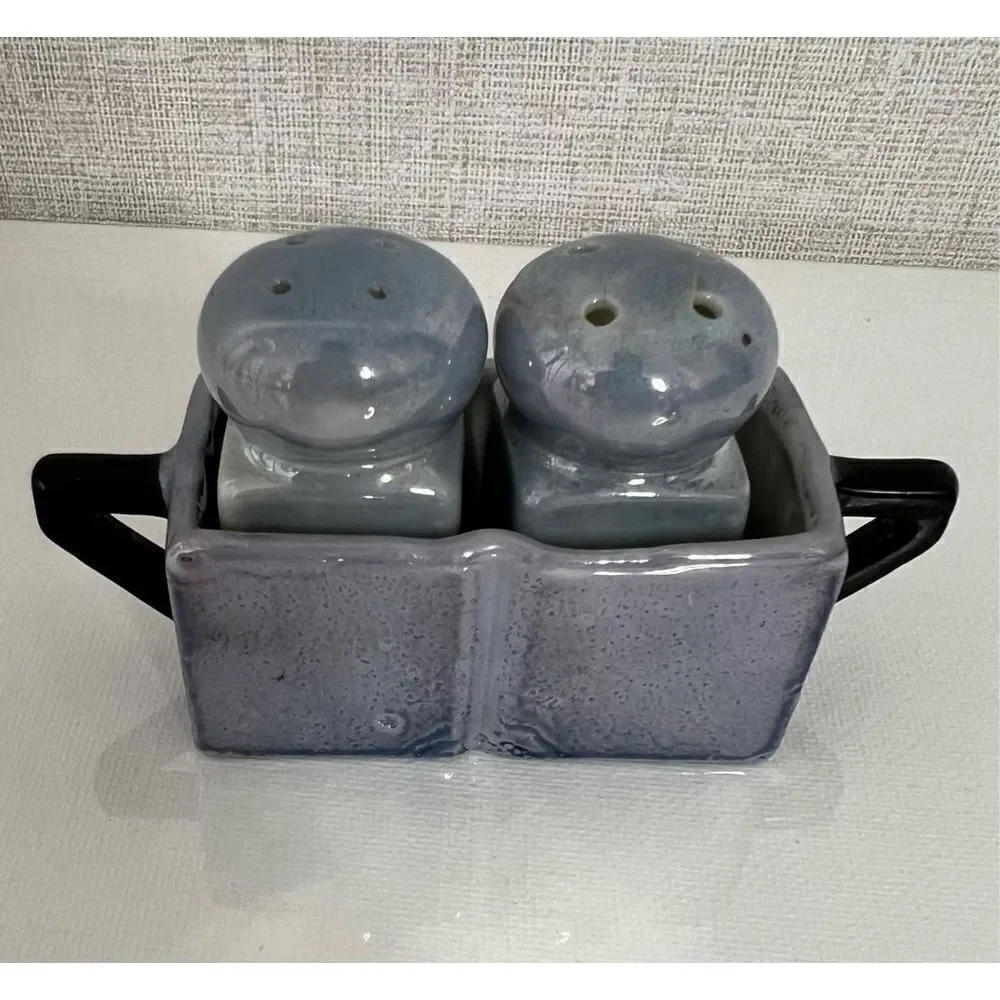 Handmade Blue And Black Mini Salt and Pepper Shakers With Holder